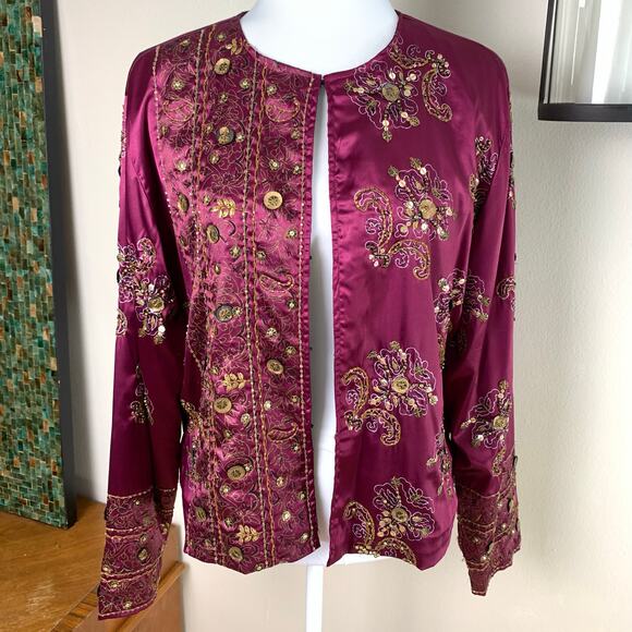 Vintage Chico's Sz 2 US L Satin Floral Embroidered Beaded Jacket Sequins Wine - Picture 1 of 11